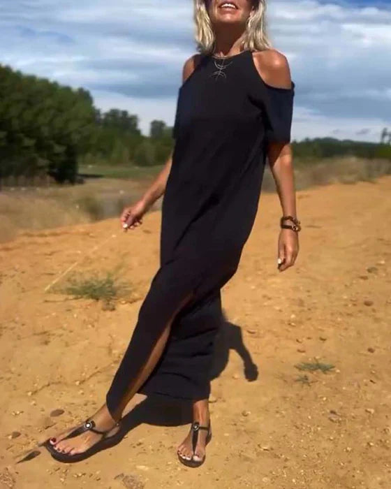 Elena™ – Vestido largo con hombros al descubierto y corte relajado