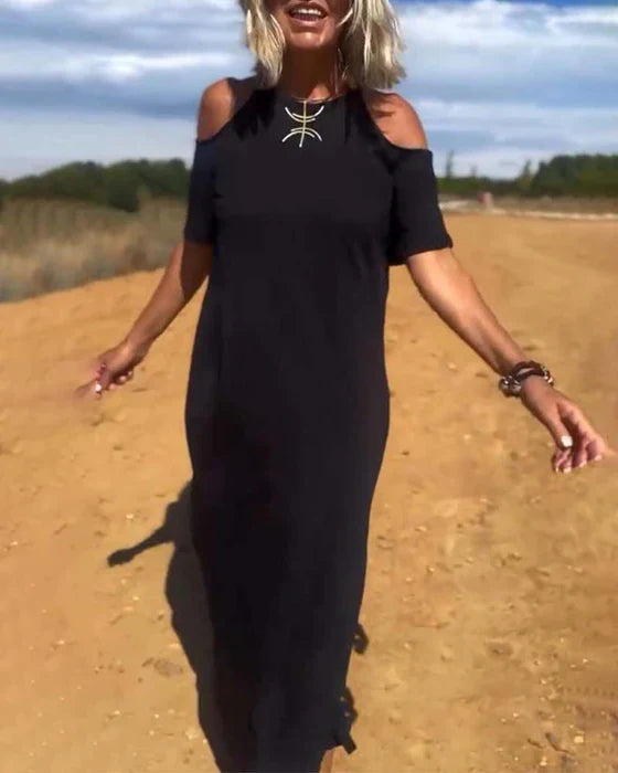 Elena™ – Vestido largo con hombros al descubierto y corte relajado