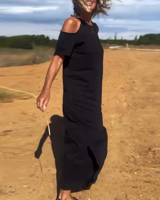 Elena™ – Vestido largo con hombros al descubierto y corte relajado