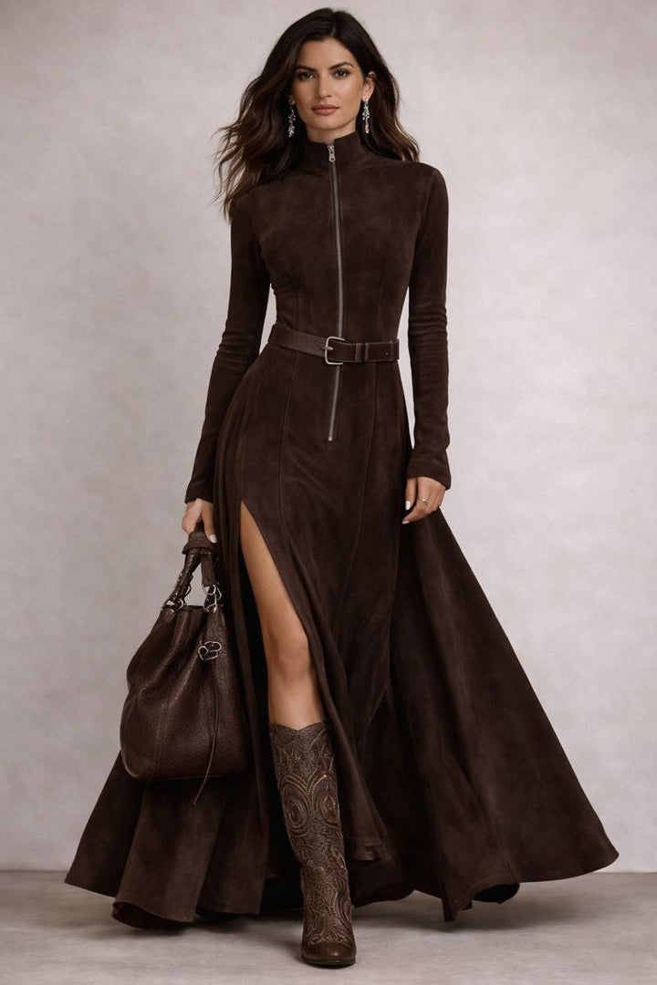 Ilenia™ - Vestido largo vintage marrón con cremallera