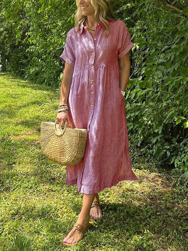 Sara™ – Vestido camisero de rayas con corte relajado y bolsillos laterales