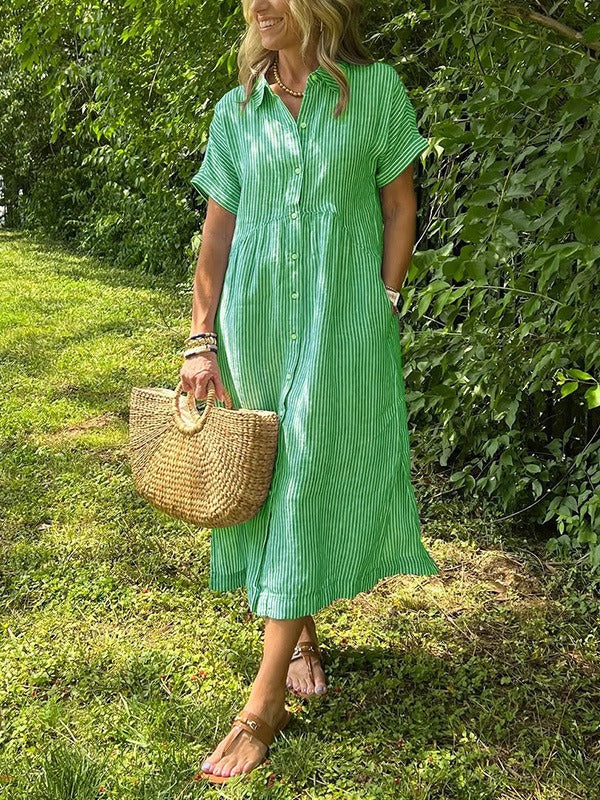 Sara™ – Vestido camisero de rayas con corte relajado y bolsillos laterales