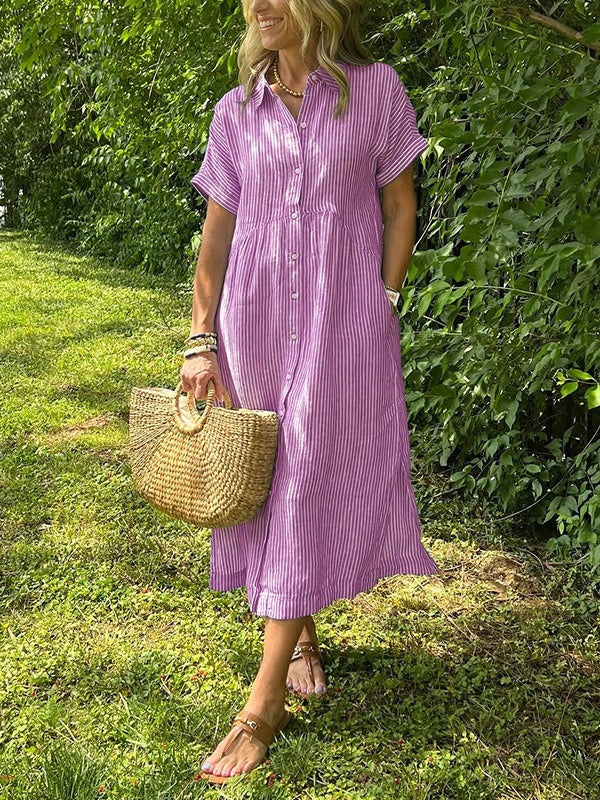 Sara™ – Vestido camisero de rayas con corte relajado y bolsillos laterales