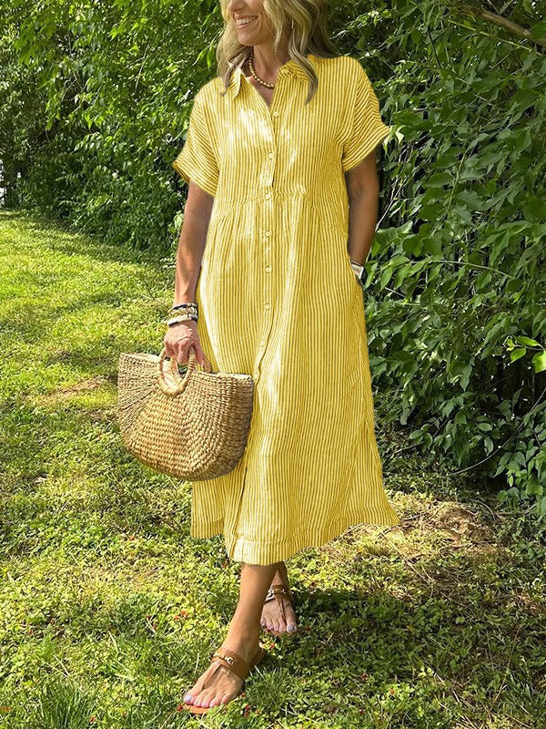 Sara™ – Vestido camisero de rayas con corte relajado y bolsillos laterales
