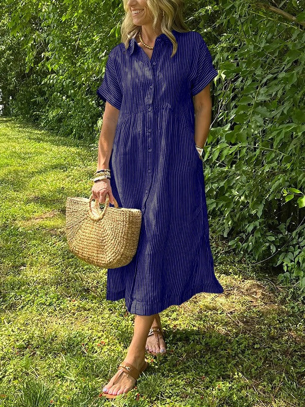 Sara™ – Vestido camisero de rayas con corte relajado y bolsillos laterales