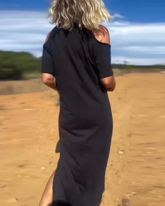Elena™ – Vestido largo con hombros al descubierto y corte relajado