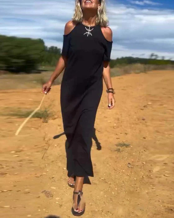 Elena™ – Vestido largo con hombros al descubierto y corte relajado